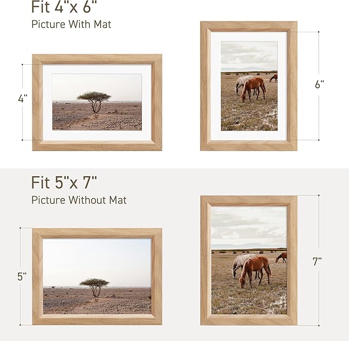 5x7 Picture Frame Set of 4 Natural Solid Oak Photo Frames with 4x6 Removable Mat Wall Hanging Large Handcrafted Frame with HD Plexiglass Wall and Tabletop Display Large Poster Frame-CasaMuseHome