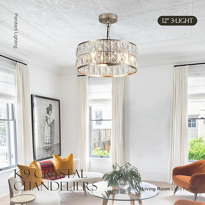 12” 3-Light Modern Crystal Chandeliers Nickel Dinning Room Light Fixture, Round Pendant Light Kitchen Island Chandelier, Flush Mount Ceiling Light for Living Room Entryway Bedroom Foyer-CasaMuseHome