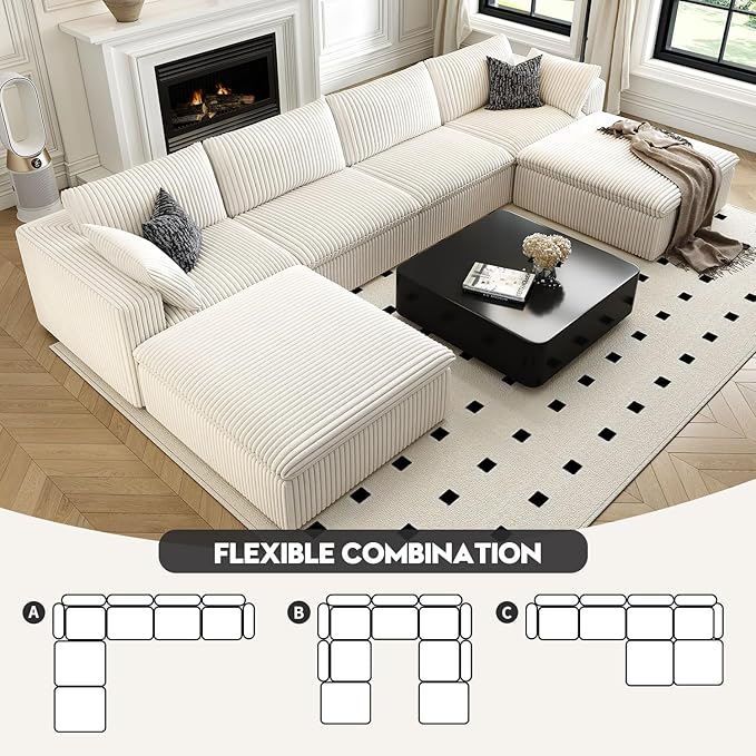 157.5" Cloud Couch Oversized Modular Sectional Sofa for Living Room,Modern Sofa with Deep Seat，U-Shape Boneless Couch with 2 Ottoman,Comfy Upholstered Couches for Apartment, Studio, Office,White-CasaMuseHome