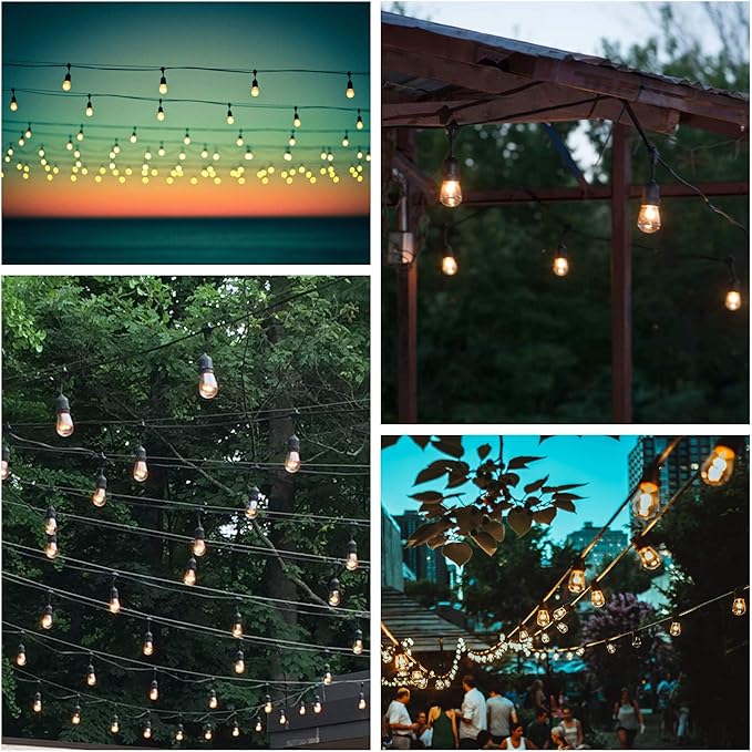 100 Foot Commercial Outdoor String Lights with 50 Suspended Sockets and S14 11 Watt Bulbs (+ 2 Free Spares) - E26 Vintage String Lights for Patio, Yard, Deck, Cafe, Bistro and More