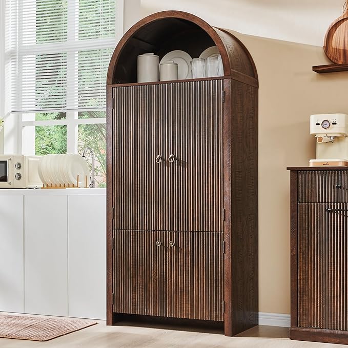 71" Tall Arched Bathroom Storage Cabinet, Modern Fluted Storage Cabinet w/Doors, 3 Adjustable Shelves, 6 Door Shelves, Wood Freestanding Cabinet for Bathroom, Entryway, Hallway, Brown-CasaMuseHome
