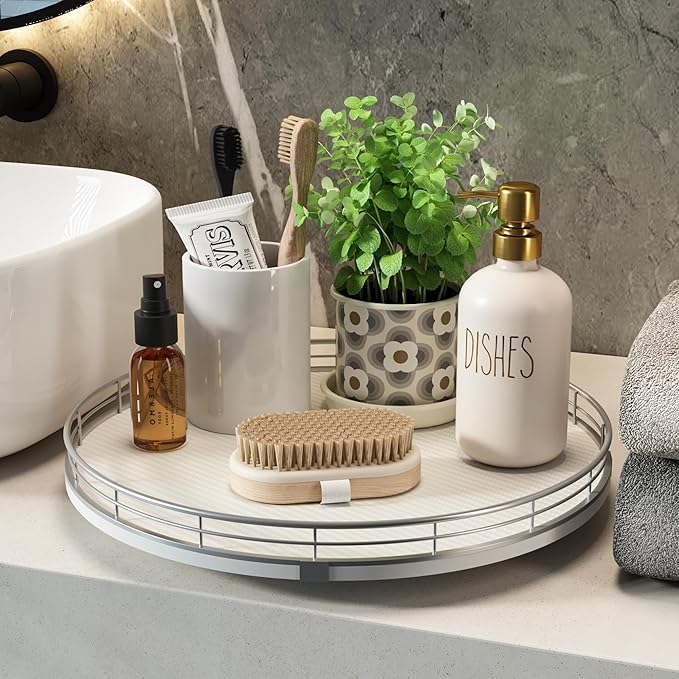 13" Lazy Susan Turntable Organizer for Table Top, Round Wooden Lazy Susan for Cabinet Kitchen Decor Centerpieces Coffee Table, Storage Condiments Spices, Bathroom Vanity Tray for Soap, White-CasaMuseHome