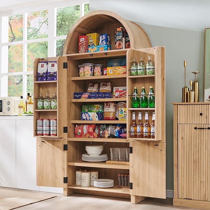 71" Tall Arched Bathroom Storage Cabinet, Modern Fluted Storage Cabinet w/Doors, 3 Adjustable Shelves, 6 Door Shelves, Wood Freestanding Cabinet for Bathroom, Entryway, Hallway, Natural-CasaMuseHome