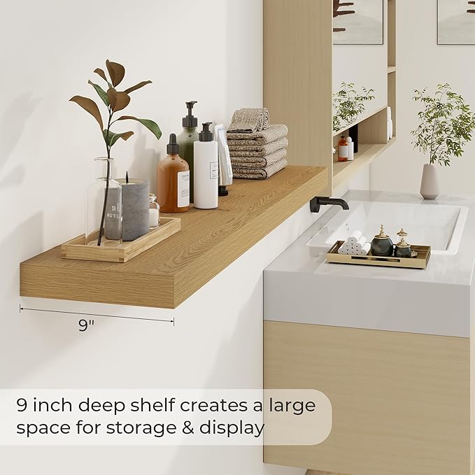 48 inch Floating Shelves for Wall Large Wall Mounted Shelves with Invisible Brackets, Oak Long Shelves for Bathroom, Living Room, Kitchen, Office, 48x9.1 inch deep Set of 2-CasaMuseHome
