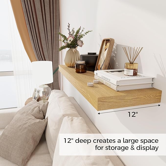 30 Inch Floating Shelves, 12 Inch Deep Floating Shelves for Wall, Rustic Wood 30 x 12 Shelves for Wall Storage & Display, 2 Inch Thicked Floating Shelf for Bathroom, Living Room, Oak Color, 2 Pack-CasaMuseHome