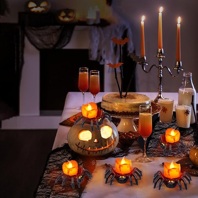 6 Pack Halloween Flameless Candles Battery Operated LED Spider Tealight Candles for Halloween Home Decorations, Light Up Halloween Decorations Indoor for Table Party Office Fireplace Halloween Gifts-CasaMuseHome