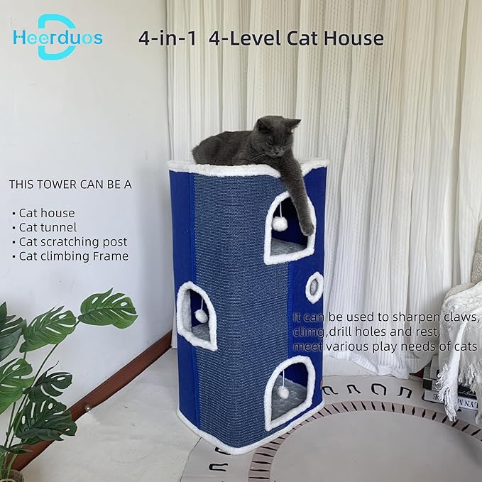 4-Level Cat House for Indoor Cats,Covered Cat Beds and Furniture with Scratch Pad,Hideaway Cave &Cushions,Modern Cat Tower Condo for Multi Small Pet and Large Cats Navy Blue-CasaMuseHome