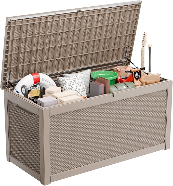 260 Gallon Large Resin Deck Box, Lockable Outdoor Storage Box for Patio Cushions Storage Furniture,Garden Tools, Pool Supplies, Weatherproof and UV Resistant- Grey Rattan (260 Gallon)-CasaMuseHome
