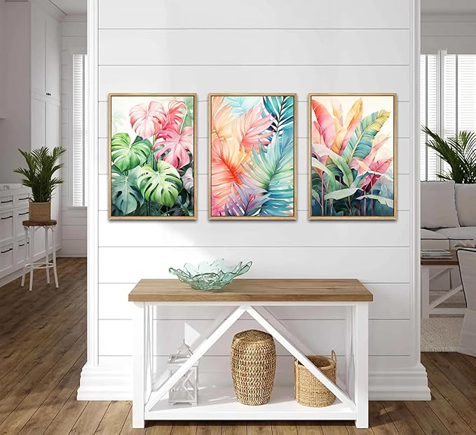 3pcs Tropical Botanical Canvas Wall Art Monstera Leaves Posters Botanical Prints Bohemian style Wall Decor Pictures Palm Leaves Paintings for Bathroom living room Decoration Unframed-CasaMuseHome