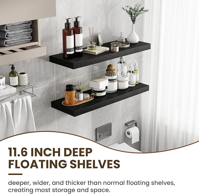 36 Inch Floating Shelves, 12 Inch Deep Floating Shelves for Wall, Floating Shelf with Invisible Brackets, Deep Shelves for Bathroom, Bedroom, Living Room, 2 Pack, Black-CasaMuseHome