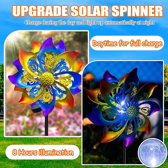 60 Inch Solar Wind Spinner Outdoor - Double-Sided Rotating Colorful Kinetic Wind Spinners for Garden, Yard Decorations Outdoor,Metal Wind Sculptures & Spinners, Wind Art-CasaMuseHome