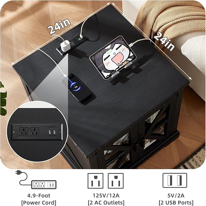 24" End Table with Charging Station, Farmhouse Night Stand with Glass Barn Door, Black Nightstands with Adjustable Storage Shelf, Large Wood Square Bed Side Table for Living Room,Bedroom-CasaMuseHome