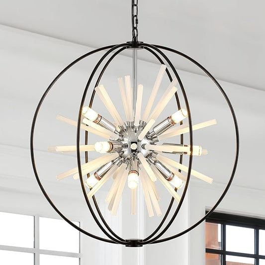 23.6" Black Chrome 12-Light Globe Sputnik Chandelier Modern Adjustable Hanging Ceiling Glass Tube Pendant Light Fixture for Entryway Foyer Staircase Dining Living Room Hallway-CasaMuseHome