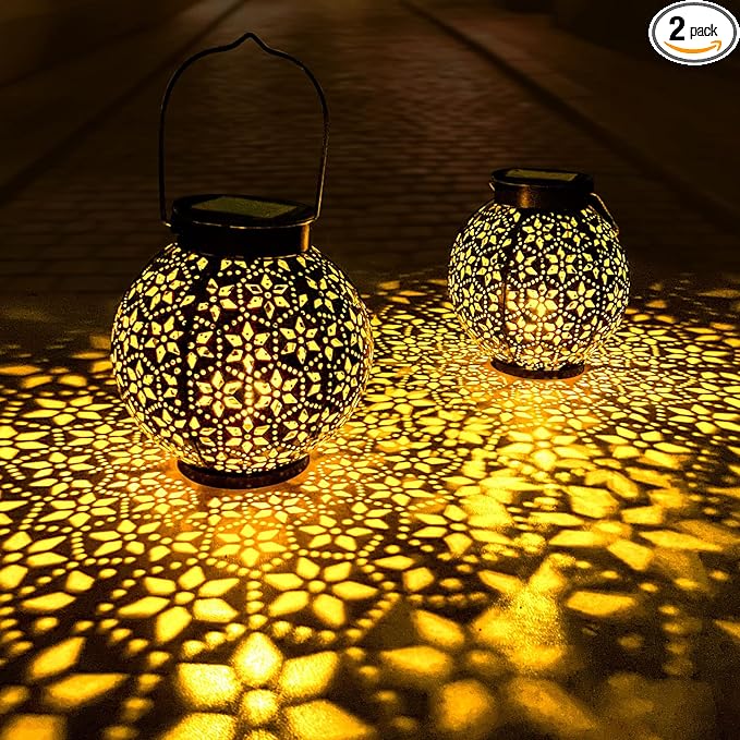 2 Pack Outdoor Solar Lantern Lights, Waterproof Tabletop LED Moroccan Lanterns, Hanging Metal Decorative Garden Lights for Patio, Lawn, Porch, Backyard-CasaMuseHome