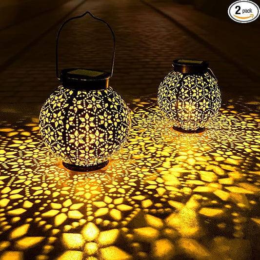 2 Pack Outdoor Solar Lantern Lights, Waterproof Tabletop LED Moroccan Lanterns, Hanging Metal Decorative Garden Lights for Patio, Lawn, Porch, Backyard-CasaMuseHome