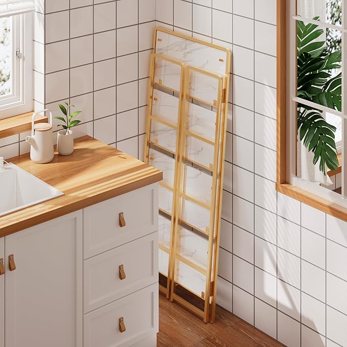 4NM No Assembly Foldable Bookshelf, 4-Shelf Collapsible Bookcase Storage for Small Spaces, 54" H, White and Golden-CasaMuseHome