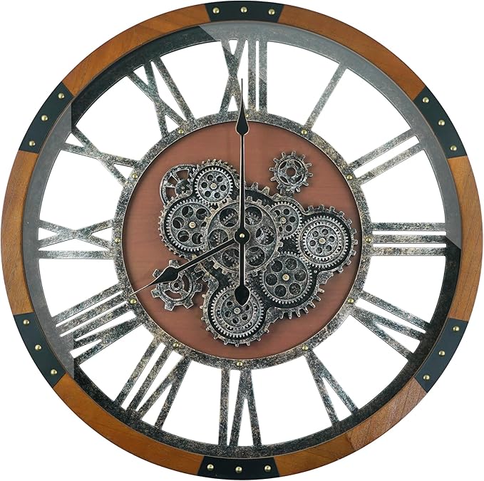 30 Inch Moving Gear Wall Clock, Oversized Wall Clocks, Clock Living Room Decor, Solid Wood Frame, Battery Operated, Large Wall Clock with Steampunk Industrial for Fireplace(Machilus)-CasaMuseHome