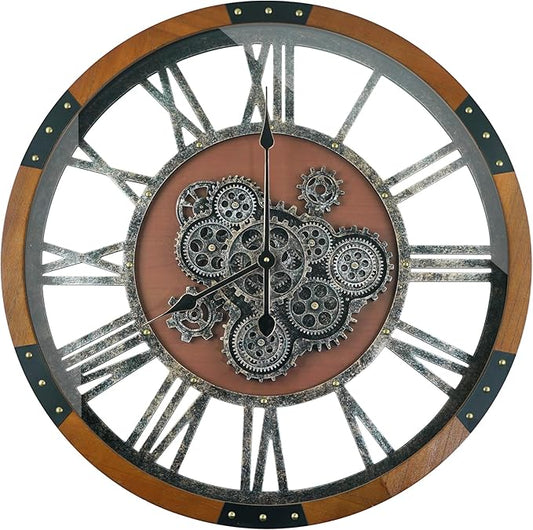 30 Inch Moving Gear Wall Clock, Oversized Wall Clocks, Clock Living Room Decor, Solid Wood Frame, Battery Operated, Large Wall Clock with Steampunk Industrial for Fireplace(Machilus)-CasaMuseHome
