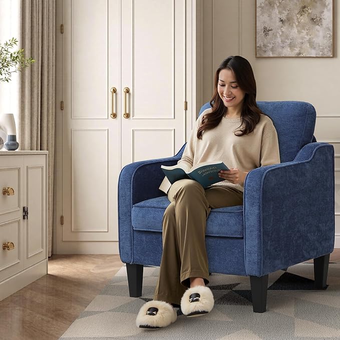 Accent Chairs Set of 2, Upholstered Living Room Chairs with Side Pockets, Mid Century Modern Reading Chair for Bedroom, Comfy Armchair Single Sofa Side Chair for Office, Small Room, Blue-CasaMuseHome