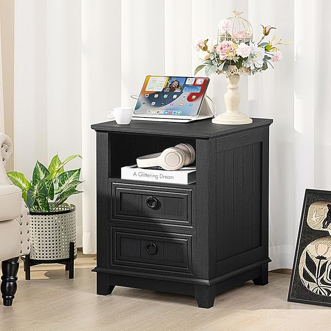18" Farmhouse Night Stand with Charging Station, 2 Drawers End Table Dresser for Bedroom, Black Wooden Nightstand, Bed Side Table with Open Shelf, Bedside Cabinet for Living Room, Closet-CasaMuseHome