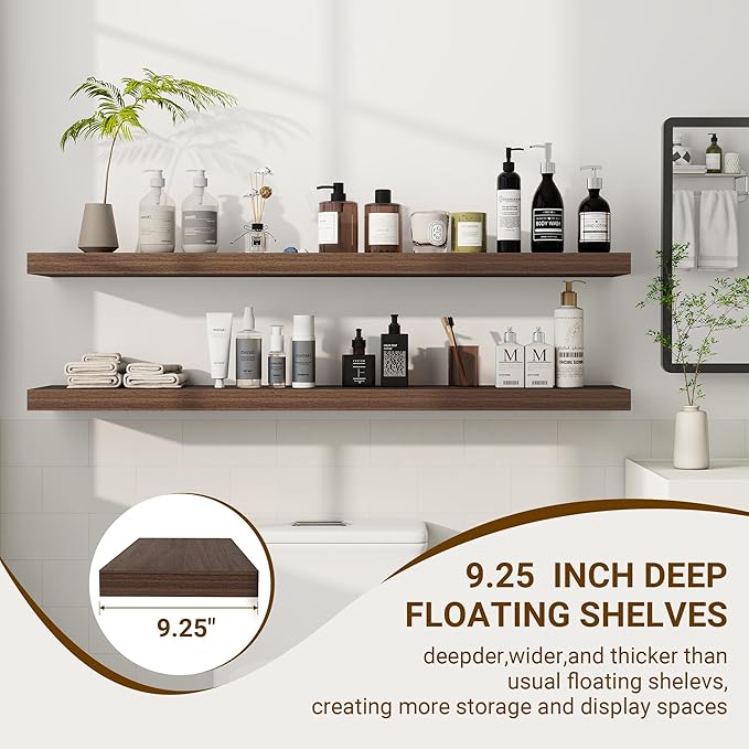 48 Inch Floating Shelves, 48"x9.25"x1.5" Inch Deep Floating Shelves for Wall, Wooden Shelves for Bathroom, Bedroom, Living Room, Walnut-CasaMuseHome