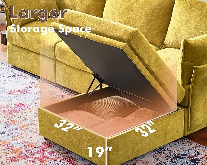 136.4" Oversized Modular Sectional Sleeper Sofa Bed, U Shaped Convertible Couch with Movable Ottoman, Large 8 Seat Corner Couches for Living Room Deep Seat Yellow Chenille-CasaMuseHome