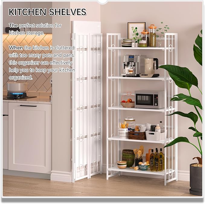 4NM No Assembly 5 Tiers Folding Bookshelf, 59.4" H Foldable Storage Shelves Vintage Bookcase Standing Racks Study Organizer Home Office - All White-CasaMuseHome