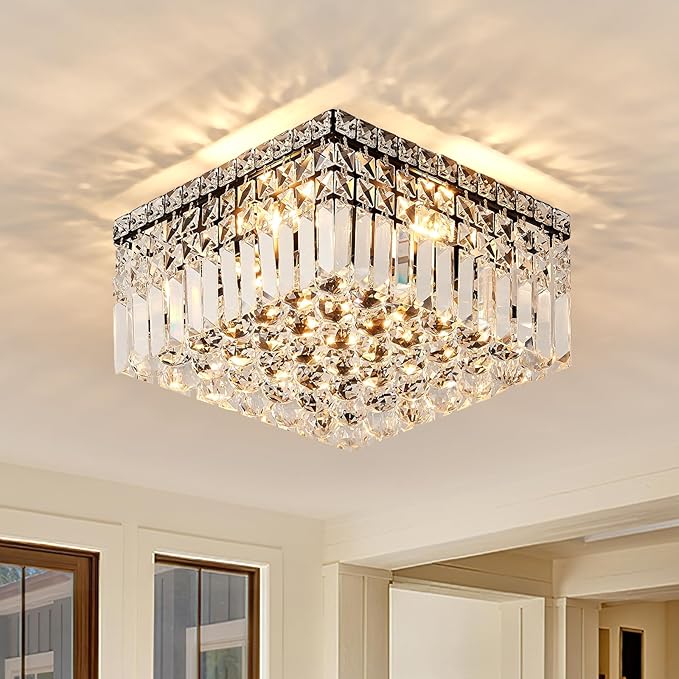 4-Light Black Crystal Chandeliers Flush Mount Chandelier Light Fixture with K9 Crystals Modern Ceiling Lights Elegant Square Lamp for Bedroom,Hallway,Bar,Living Room,Dining Room,H5.9 xW13.7-CasaMuseHome