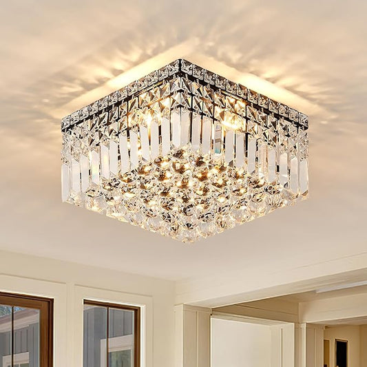 4-Light Black Crystal Chandeliers Flush Mount Chandelier Light Fixture with K9 Crystals Modern Ceiling Lights Elegant Square Lamp for Bedroom,Hallway,Bar,Living Room,Dining Room,H5.9 xW13.7-CasaMuseHome