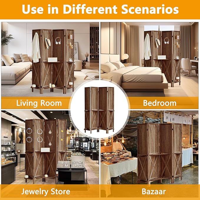 4 Panel Pegboard Display with 16 Hooks, Wooden Pegboard Room Divider Wall with Shelf, Rustic Room Dividers and Folding Privacy Screens, Bedroom, Jewelry Store, Brown-CasaMuseHome
