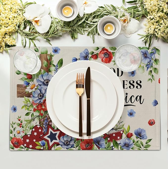 4th of July Placemats Set of 4 Patriotic Floral Cross Stars Independence Memorial Day Place Mats 12x18 Inch God Bless America Linen Fabric Table Mats for Party Kitchen Dining Decoration-CasaMuseHome