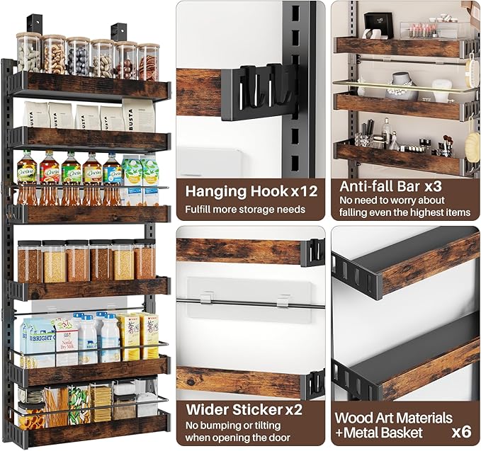 6 Tier Over The Door Pantry Organizer, 2 IN 1 Wall Mount or Metal Hanging Spice Rack for Pantry Organizers and Storage, Seasoning Shelves，Adjustable Basket with Hooks for Kitchen, Bathroom,Laundry-CasaMuseHome