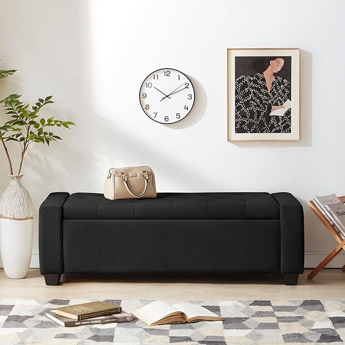 48" Ottoman with Storage, Black Storage Ottoman Bench with Safety Hinge, Upholstered Entryway Bench with Seating for Bedroom, Living Room, Holds up to 330 lb-CasaMuseHome