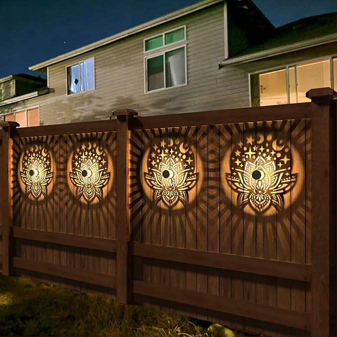 4 Pack Solar Fence Lights Metal Solar Powered Outdoor Wall Deck Lights Lotus Theme Waterproof Fence Light for Garden Post Patio Backyard Yard Decor (Lotus, 4 Pack)-CasaMuseHome