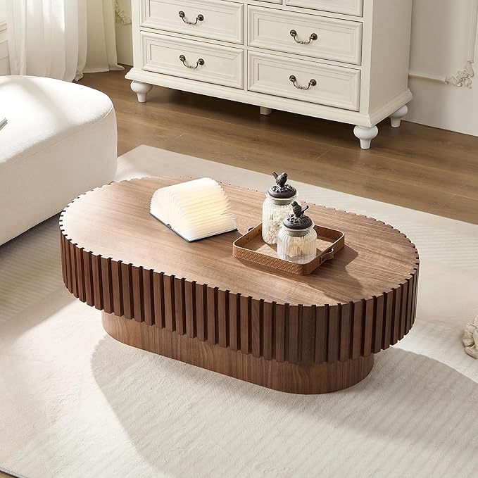 43.7" Oval Coffee Table for Living Room,Modern Handcraft Drum Coffee TableSmall Wooden Coffee Table with Sturdy Pedestal Easy Assembly for Office-Walnut-CasaMuseHome