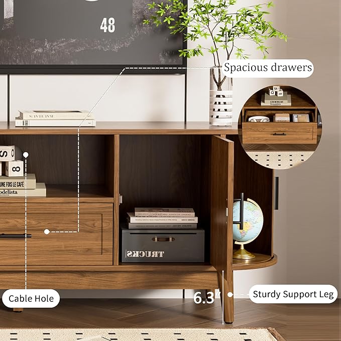 63" Fluted TV Stand for Tvs up to 70", Mid-Century Modern Entertainment Center with Drawers and Fluted Doors, Curved TV Media Console Table with Sliding Doors for Living Room, Bedroom (63")-CasaMuseHome