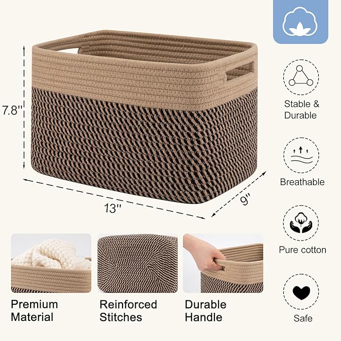 4 Pack Storage Baskets for Organizing, Woven Baskets for Shelves - Perfect for Toys, Books, Towels, and Clothes, Durable Gift Basket Bins Toy Storage, 13''L x9''W x7.8''H, Black and Brown-CasaMuseHome