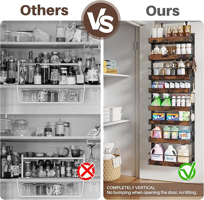 8 Tier Over The Door Pantry Organizer, 2 IN 1 Wall Mount or Metal Hanging Spice Rack for Pantry Organizers and Storage, Seasoning Shelves，Adjustable Basket with Hooks for Kitchen, Bathroom,Laundry-CasaMuseHome