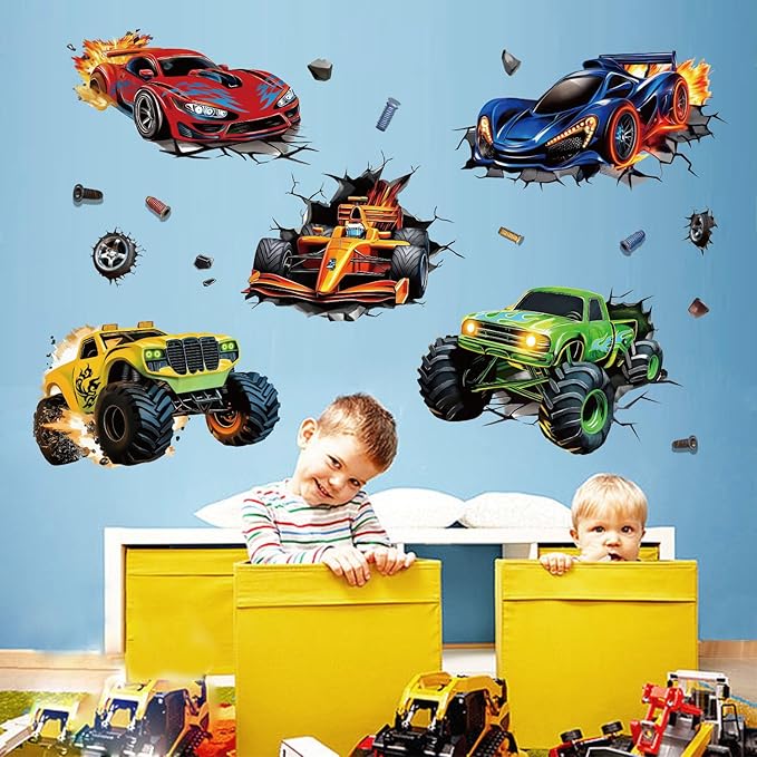 3D Racing Cars Wall Decals - Truck Bursting Through Wall, F1 Racing Cars Wall Stickers for Kids Room Boys Bedroom-CasaMuseHome