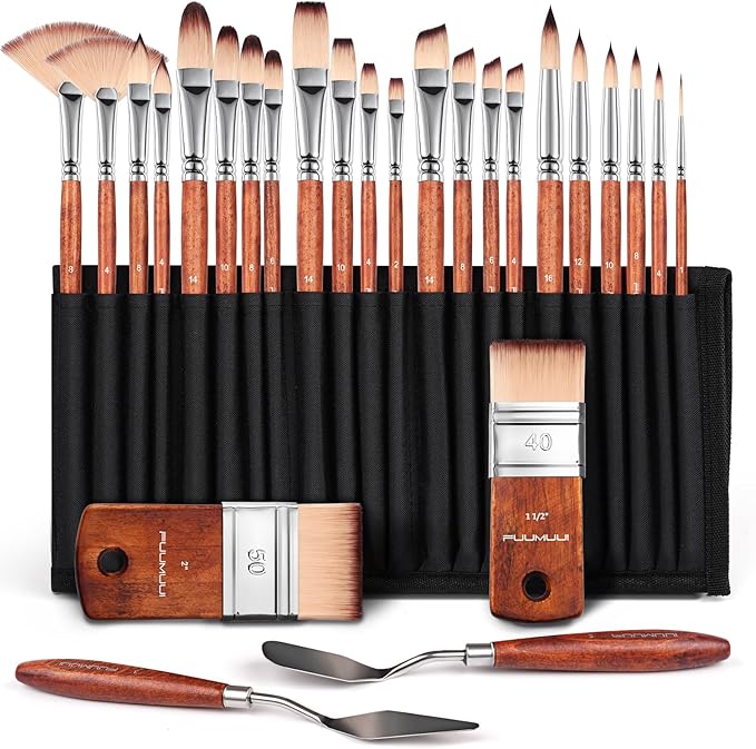 26pcs Paint Brush Set, Fuumuui Professional Acrylic Paint Brushes Complete Range of Sizes with Upgraded Short Handle Wide Flat Paintbrush for Acrylic, Oil, Watercolor and Gouache-CasaMuseHome