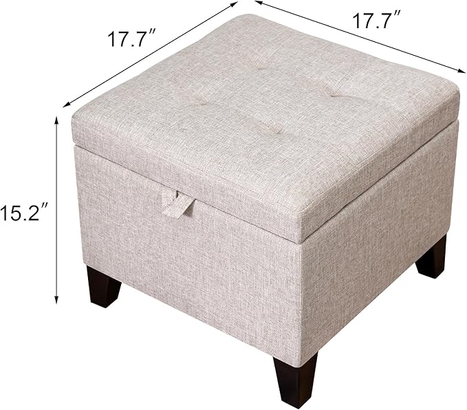 Adeco 18 Inch High Cube Ottoman Storage, Linen Chair Foot Stools, Upholstered Vanity Stool with Hinged Lid, Solid Wood Legs (Beige Grey)-CasaMuseHome