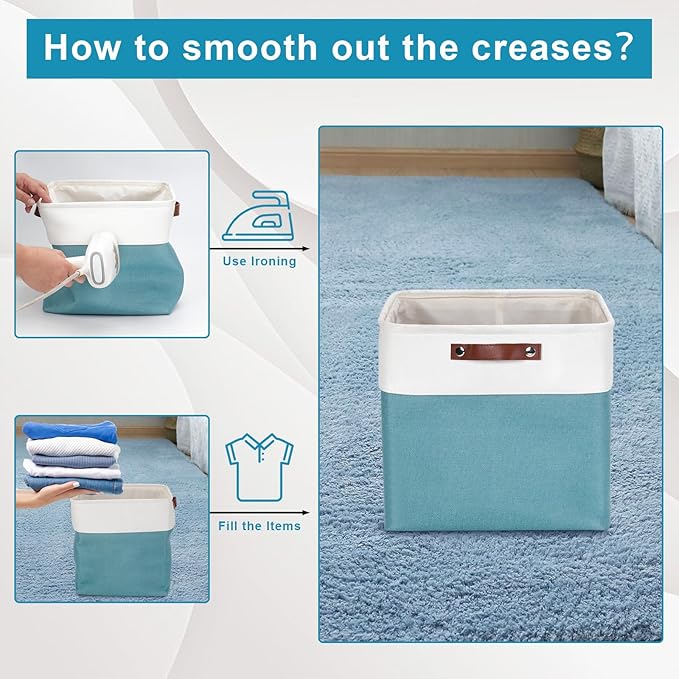 13x13 Cube Storage Bins, Collapsible Fabric Storage Box, 4 Pack Closet Baskets with Handles for Organizing, Shelf, Toys, Clothes, Home, Office, Nursery (Teal&White)-CasaMuseHome