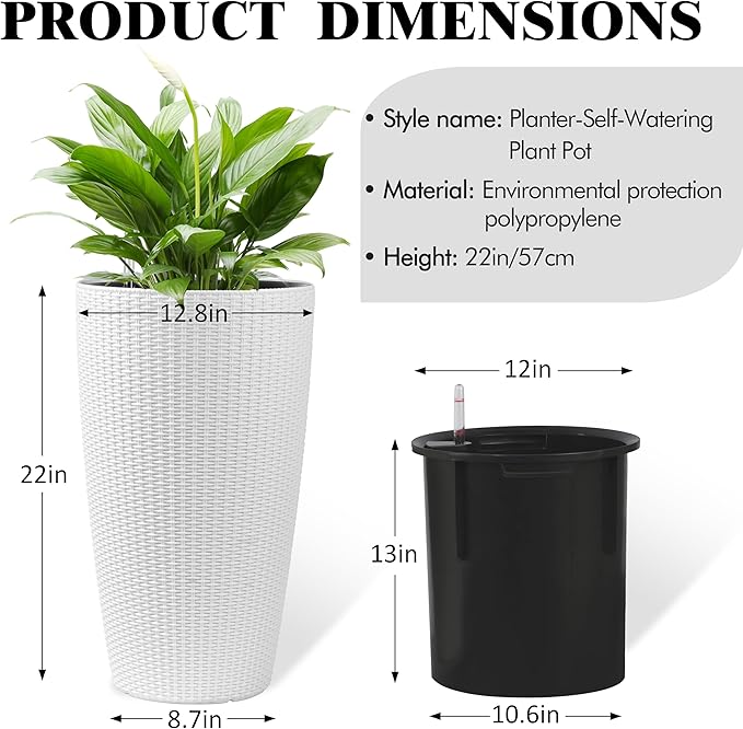 2Pack 22" High Modern Plant Pots Planter-Self-Watering Indoor/Outdoor Planting with Drain Holes, Water Level Monitor, Inner Bucket for Front Porch Patio, White Rattan Conical-CasaMuseHome