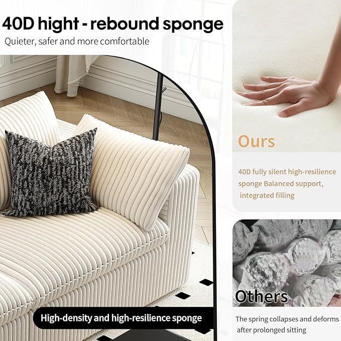 157.5" Cloud Couch Modular Sectional Sofa for Living Room,Modern Sofa with Deep Seat，4 Seater Boneless Couch,Comfy Upholstered Corduroy Couches for Apartment, Studio, Office,Bedroom，White-CasaMuseHome