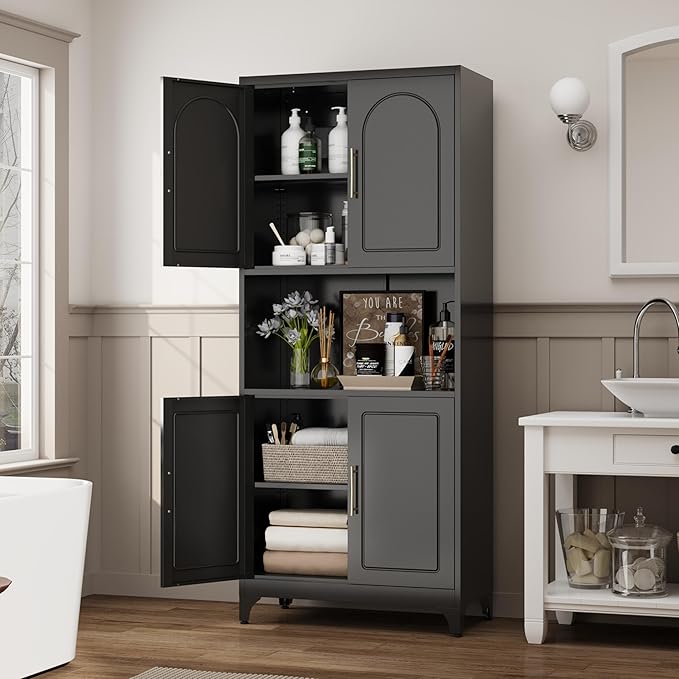 75" Tall Kitchen Pantry Storage Cabinet, Metal Storage Cabinets with 4 Doors and Adjustable Shelves, Black Kitchen Hutch Cabinet with Microwave Stand, Large Cupboard for Dining Living Room-CasaMuseHome