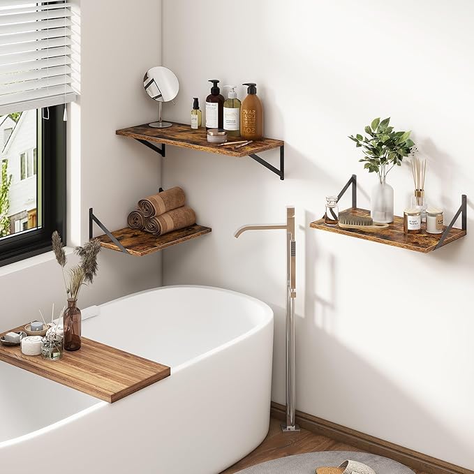 18"W x12"D Floating Shelves, Farmhouse Wall Shelves Home Decor Shelf, Deep Bathroom Shelf with Bracket, 12 Inch Deep Wall Shelves for Living Room, Kitchen, Bedroom, Rustic Brown, Set of 2-CasaMuseHome