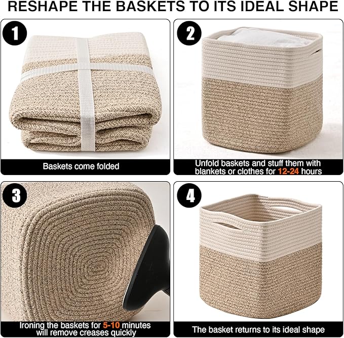 11 Inch Cube Storage Bins, Organizer Woven Cotton Rope Square Baskets for Organizing Shelves, Toys, Nursery, Off White & Brown (Pack of 3)-CasaMuseHome