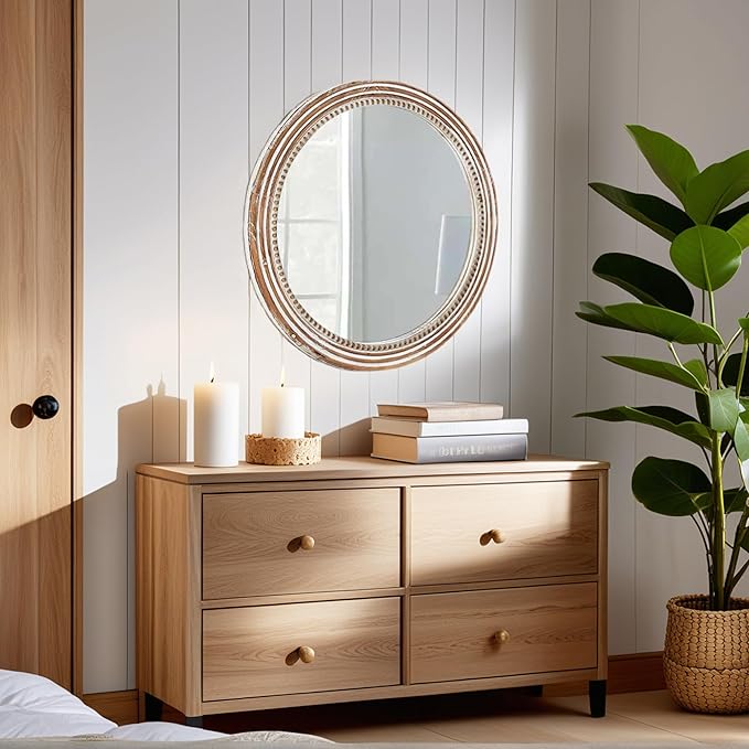 24 Inch Rustic Round Mirror - Farmhouse Vintage Bathroom Vanity Mirror, Wall-Mounted Round Mirrors for Bathroom Sink, Bedroom & Living Room and Framed Decorative Restroom Mirror-CasaMuseHome
