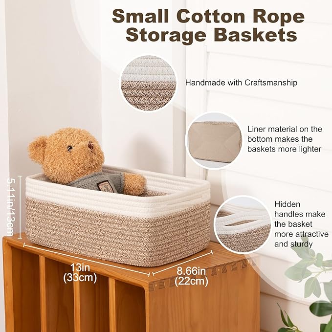 3 Pack Small Storage Baskets for Organizing, Cute Woven Decorative Gift Baskets for Shelves, Mini Closet Organizer Bins with Handles-13''Lx8.66''Wx5.11''H-Brown and White-CasaMuseHome