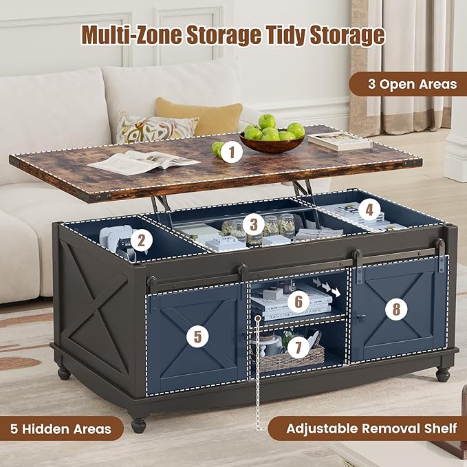 48" Farmhouse Lift Top Coffee Table with Storage Sliding Barn Door & Large Hidden Compartment, Coffee Table with Lifting Top with Wooden Lift Tabletop, Coffee Tables for Living Room, Black-CasaMuseHome